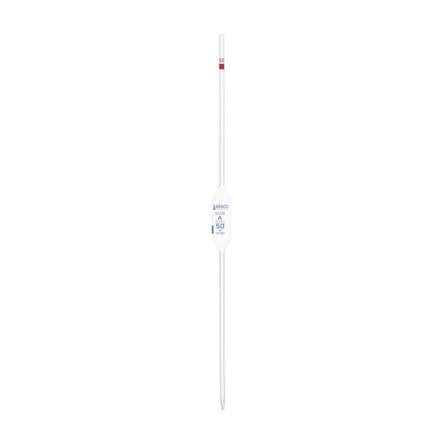 Pipeta volumétrica, 50 ml, clase A, marcas azules, código rojo, vidrio de borosilicato