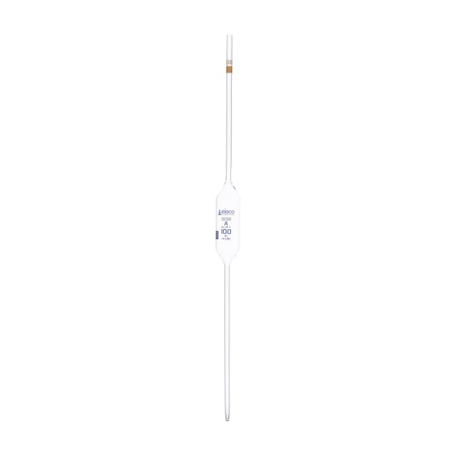 Pipeta volumétrica, 100 ml, clase A, marcas azules, código amarillo, vidrio de borosilicato