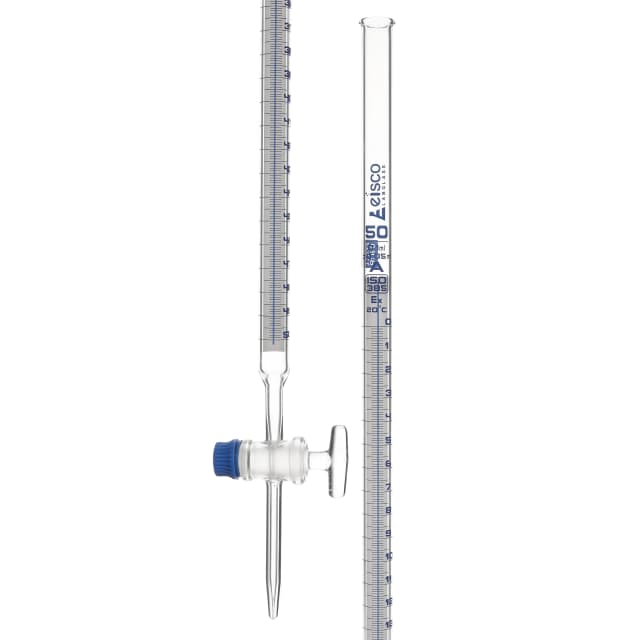 Burette- Schellbach, 50ml,class A with individual work certificate,glass key stopcock,made of borosilicate glass, as per DIN ISO 385 std., blue printing.
