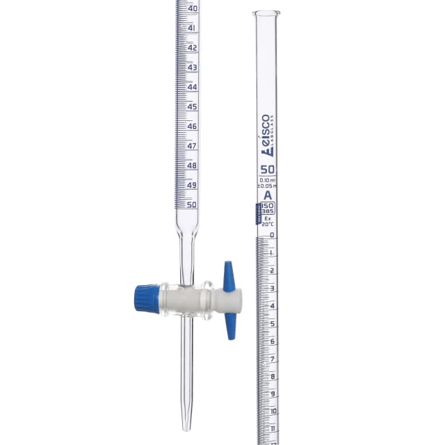 Burette,10ml,class A with individual work certificate,interchangeable PTFE key stopcock,made of borosilicate glass, as per DIN ISO 385 std., blue printing.