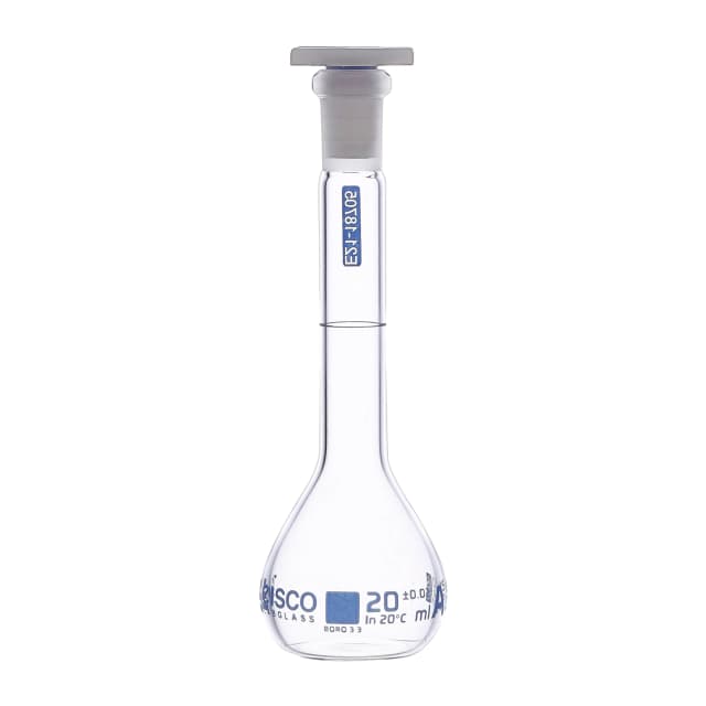 Flask Volumetric with USP & individual work certificate, Polypropylene Stopper,Class A, 20 ml,socket size 10/19, borosilicate glass.Blue Printing