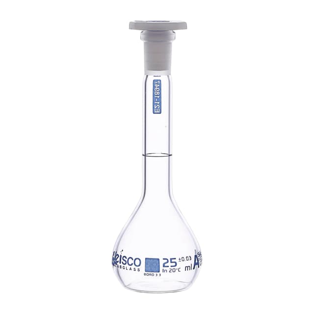 Flask Volumetric with USP & individual work certificate, Polypropylene Stopper,Class A, 25 ml,socket size 10/19, borosilicate glass.Blue Printing