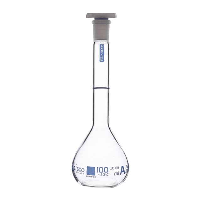 Flask Volumetric with USP & individual work certificate, Polypropylene Stopper,Class A, 100 ml,socket size 12/21, borosilicate glass.Blue Printing
