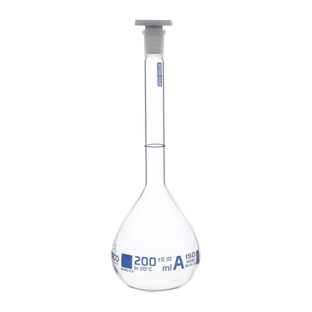 Flask Volumetric with USP & individual work certificate, Polypropylene Stopper,Class A, 200 ml,socket size 14/23, borosilicate glass.Blue Printing