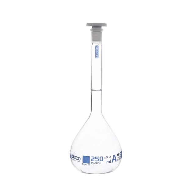 Flask Volumetric with USP & individual work certificate, Polypropylene Stopper,Class A, 250 ml,socket size 14/23, borosilicate glass.Blue Printing