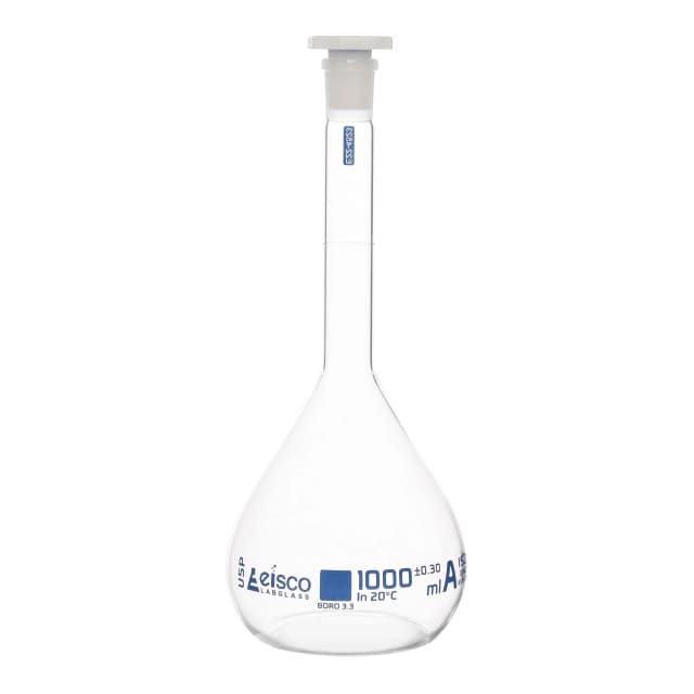 Flask Volumetric with USP & individual work certificate, Polypropylene Stopper,Class A, 1000 ml,socket size 19/26, borosilicate glass.Blue Printing